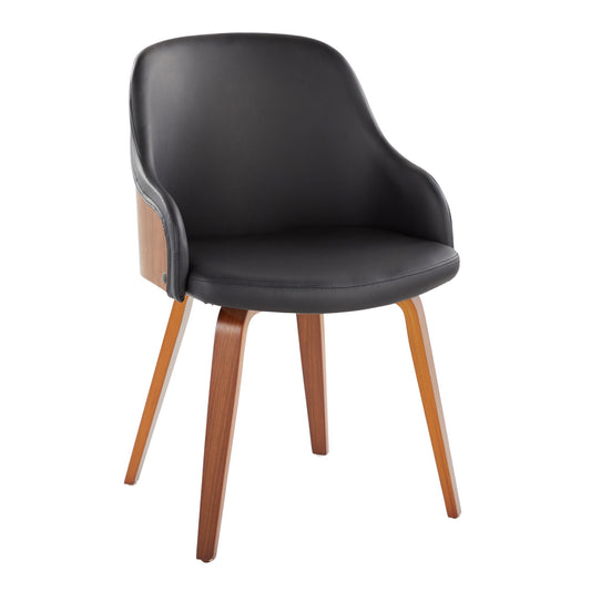 The Bacci Mid Century Modern Dining Chair features a curved black leather seat, wooden side panels, and four angled wooden legs.