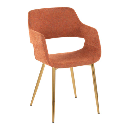 The Margarite dining chair set features an orange upholstered design with a curved backrest, open sides, and sleek gold metal legs.