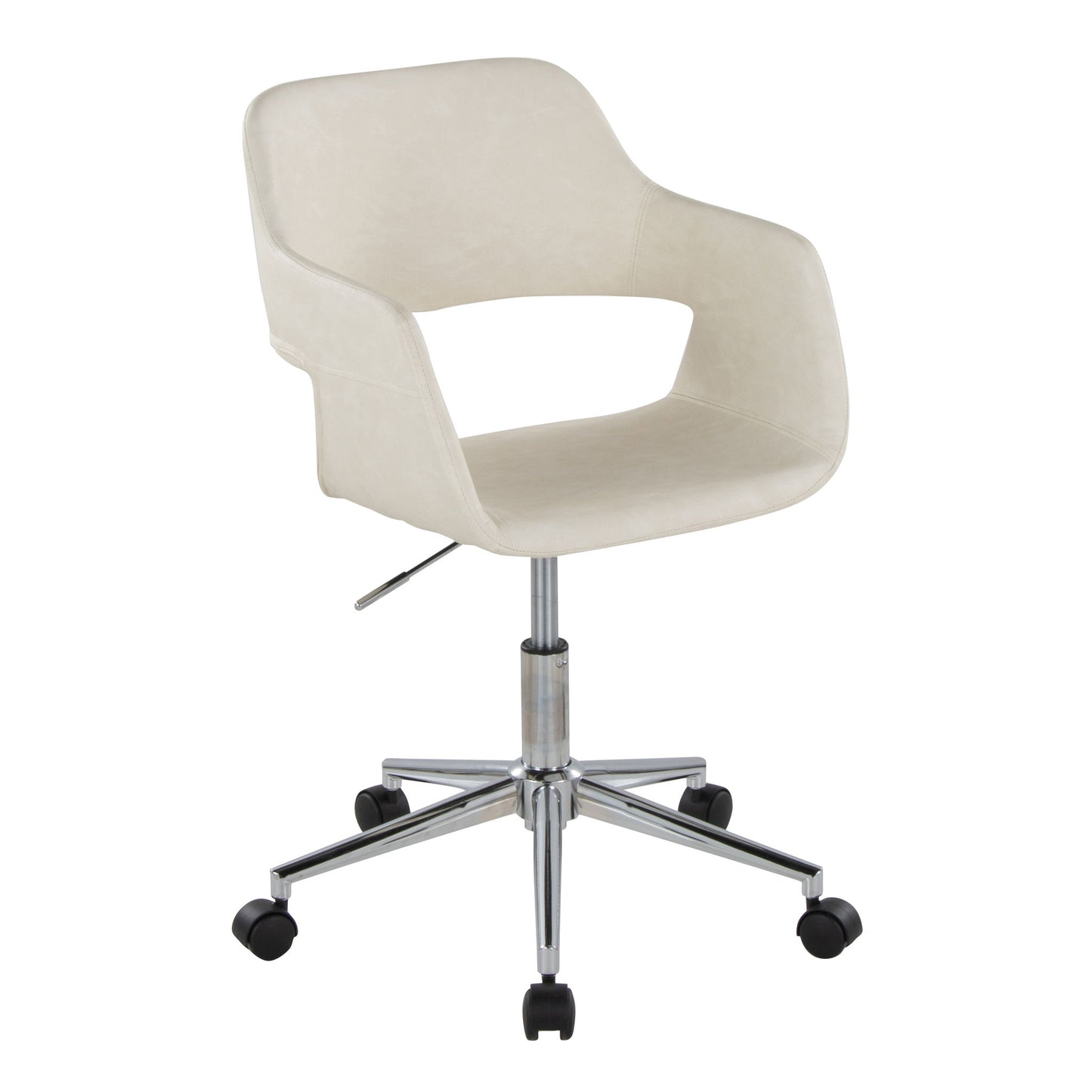 The Margarite - Contemporary Office Task Chair features a light beige padded seat, open back, curved armrests, and sits on a chrome base with five wheels and an adjustable height lever.