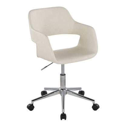 The Margarite - Contemporary Office Task Chair features a light beige padded seat, open back, curved armrests, and sits on a chrome base with five wheels and an adjustable height lever.