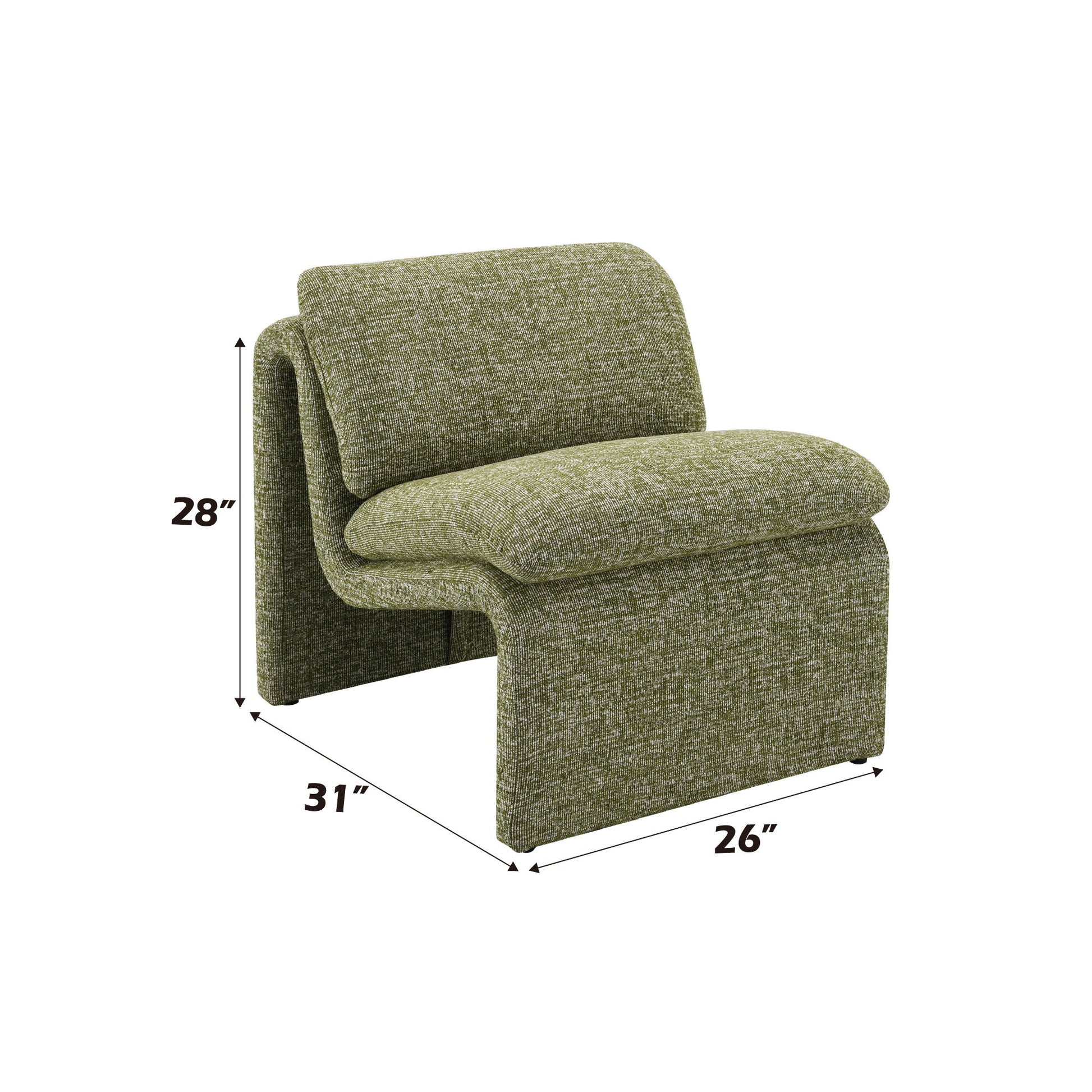 The Jaeda - Innovative Elegance Accent Chair features a green, modern curved design and measures 28” high, 31” deep, and 26” wide. Black arrows and text show its dimensions against a white background.