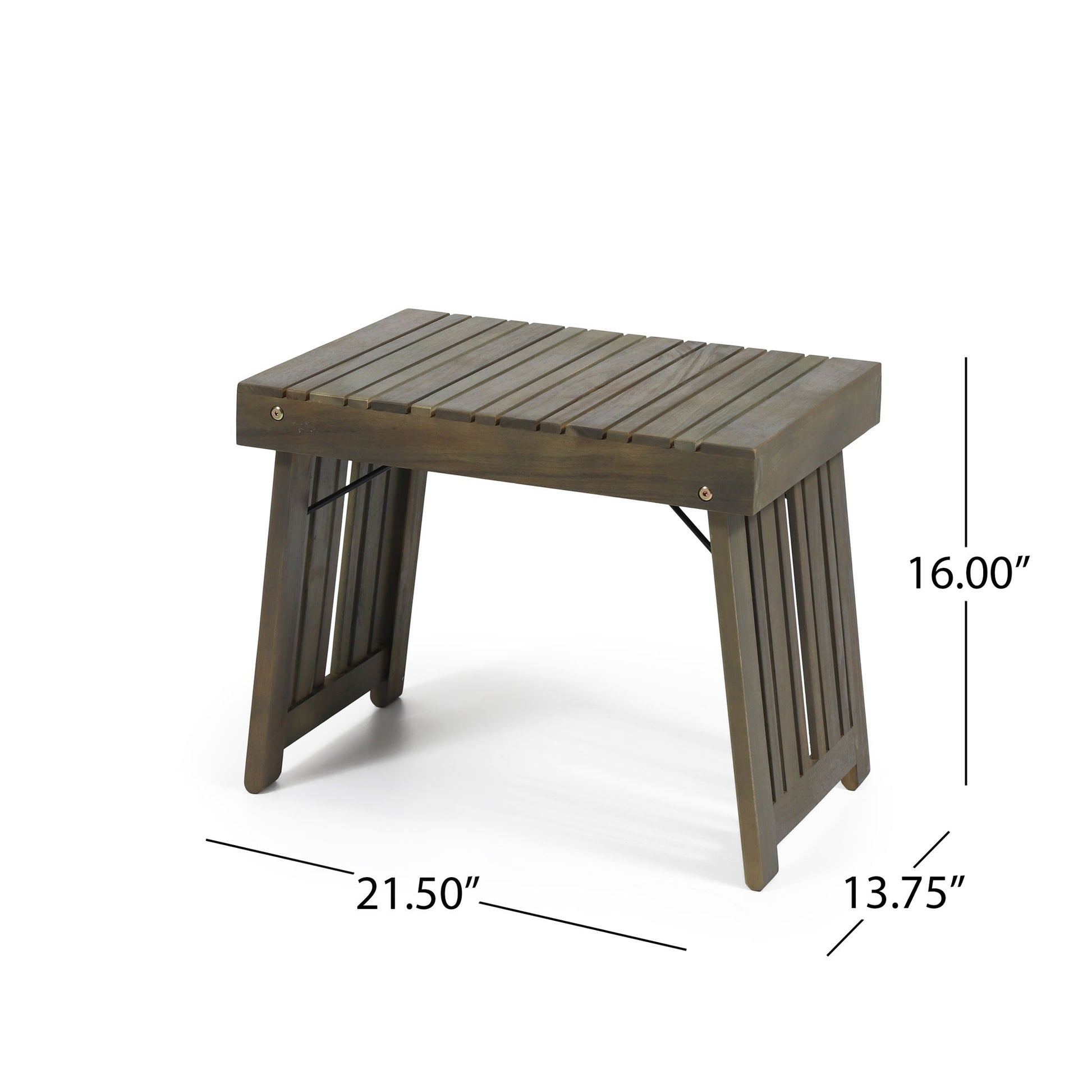 The Temptation Outdoor Foldable Side Table features a slat design, measures 21.5"W x 13.75"D x 16"H, comes in dark brown, and offers a simple yet sturdy style—perfect for outdoor use.