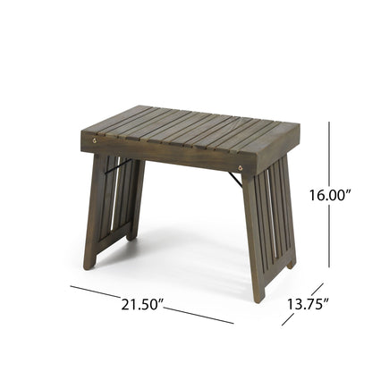 The Temptation Outdoor Foldable Side Table features a slat design, measures 21.5"W x 13.75"D x 16"H, comes in dark brown, and offers a simple yet sturdy style—perfect for outdoor use.