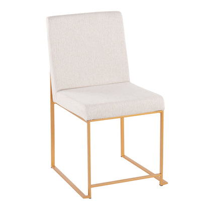 The Fuji High Back Dining Chair (Set of 2) features a contemporary gold-tone metal frame, straight legs, and modern armless design with light beige upholstered seat and backrest.