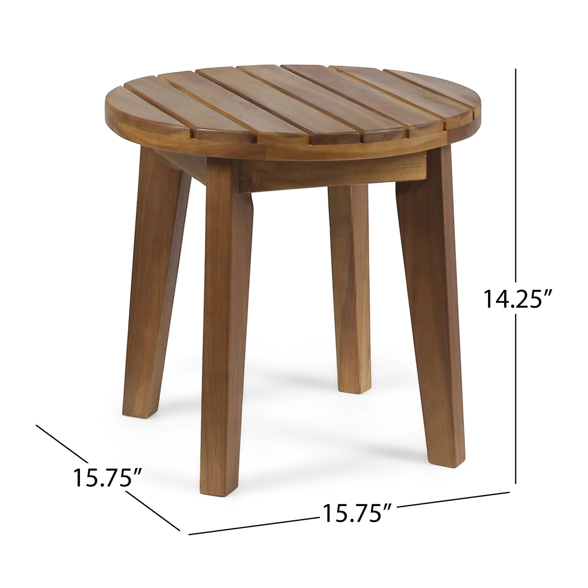 The Outdoor Acacia Wood Side Table With Weather Resistance features four angled legs and a slatted top, measuring 15.75 inches wide and deep, and standing 14.25 inches tall.