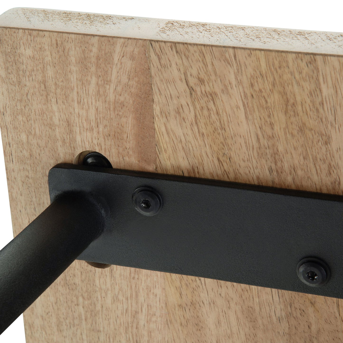 Close-up of a black metal bracket secured with screws to a light wood surface on the Berkeley - Entryway Bench.