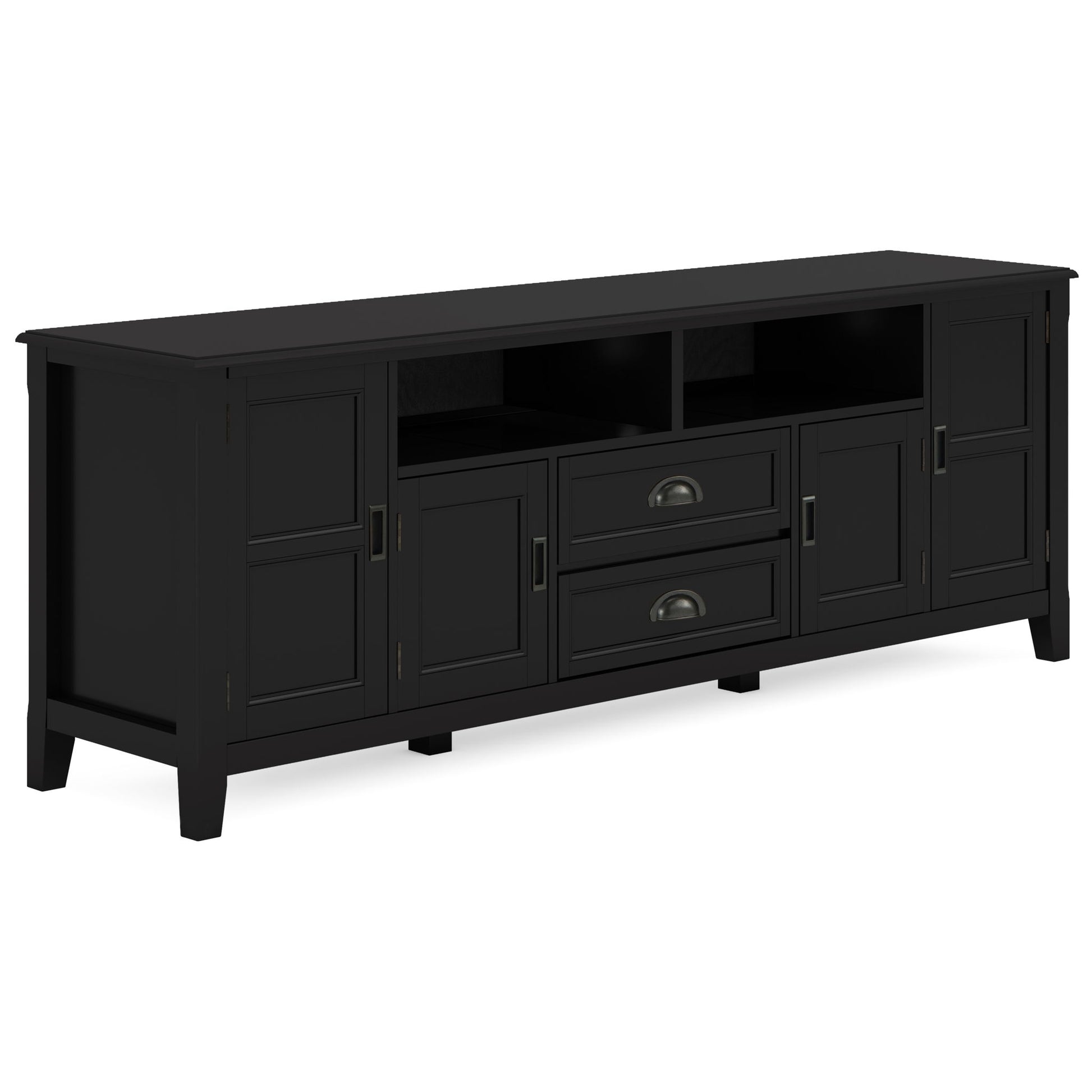 The Burlington TV Media Stand is a long, black unit with four cabinet doors, two center drawers, two open shelves, a modern design, and metallic handles.