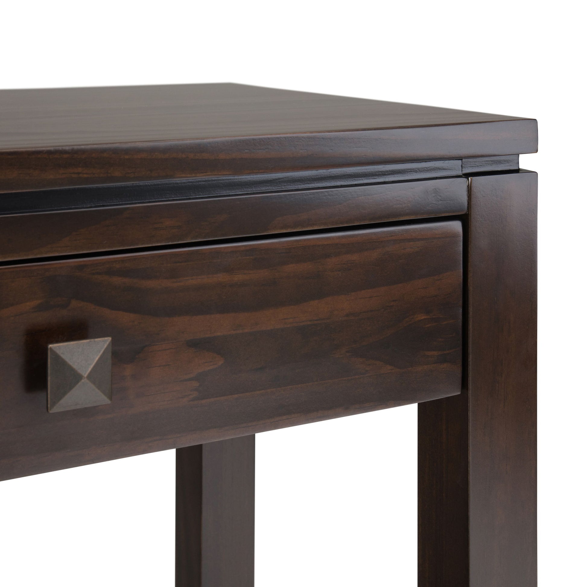 Close-up of the Cosmopolitan - Wide Console Sofa Table in Mahogany Brown, featuring a rectangular drawer with a square metal knob. The table boasts a smooth finish, clean lines, and a simple modern design.