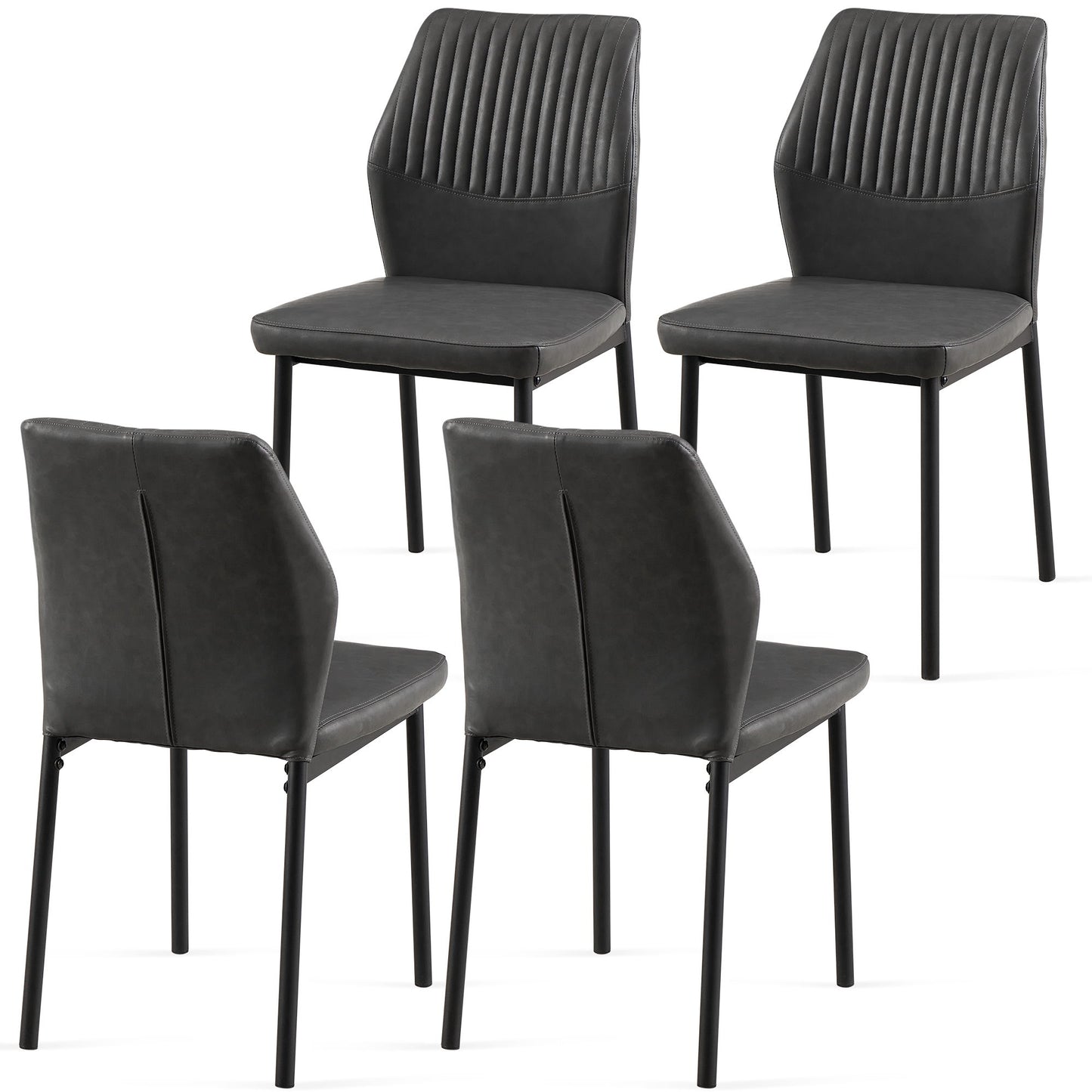 Set of four Dining Chairs Living Room Chair Modern Kitchen Armless Side Chair with black metal legs, dark gray upholstered seats and backs featuring vertical stitching; two chairs face forward, two are shown from the back.