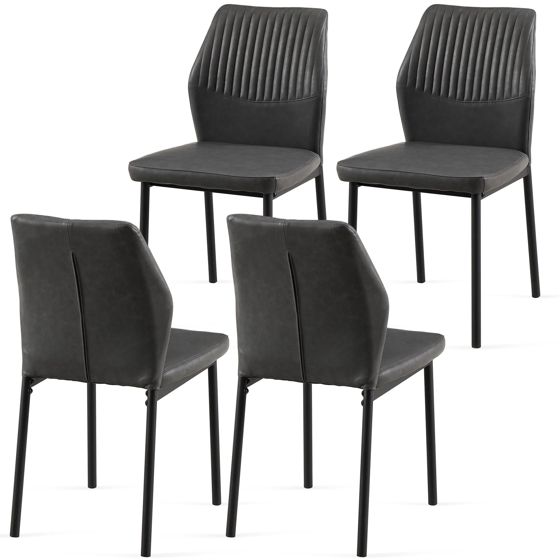 Set of four Dining Chairs Living Room Chair Modern Kitchen Armless Side Chair with black metal legs, dark gray upholstered seats and backs featuring vertical stitching; two chairs face forward, two are shown from the back.