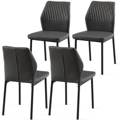 Set of four Dining Chairs Living Room Chair Modern Kitchen Armless Side Chair with black metal legs, dark gray upholstered seats and backs featuring vertical stitching; two chairs face forward, two are shown from the back.