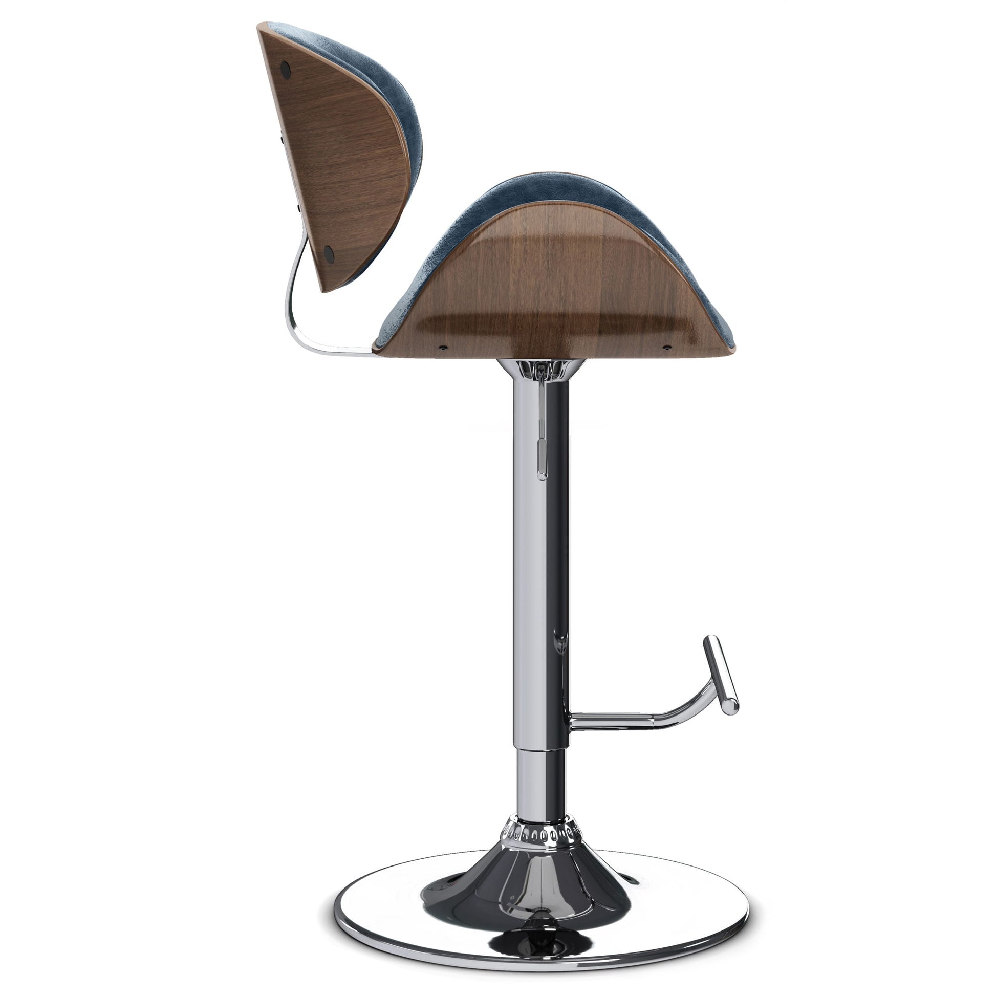 The Marana Multifunctional Handcrafted Bentwood Adjustable Swivel Bar Stool features a curved wooden seat and backrest with gray padding, chrome base, height adjustment lever, circular footrest, all set against a plain white background.