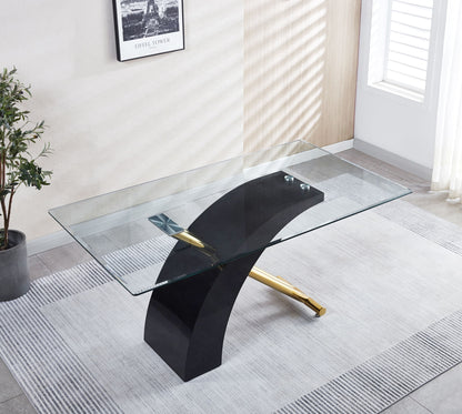 The Stylish Dining Room Table features a luxury glass top and modern black base, creating a chic focal point in a bright room with large windows, white shutters, wall plant, framed artwork, and light gray rug.