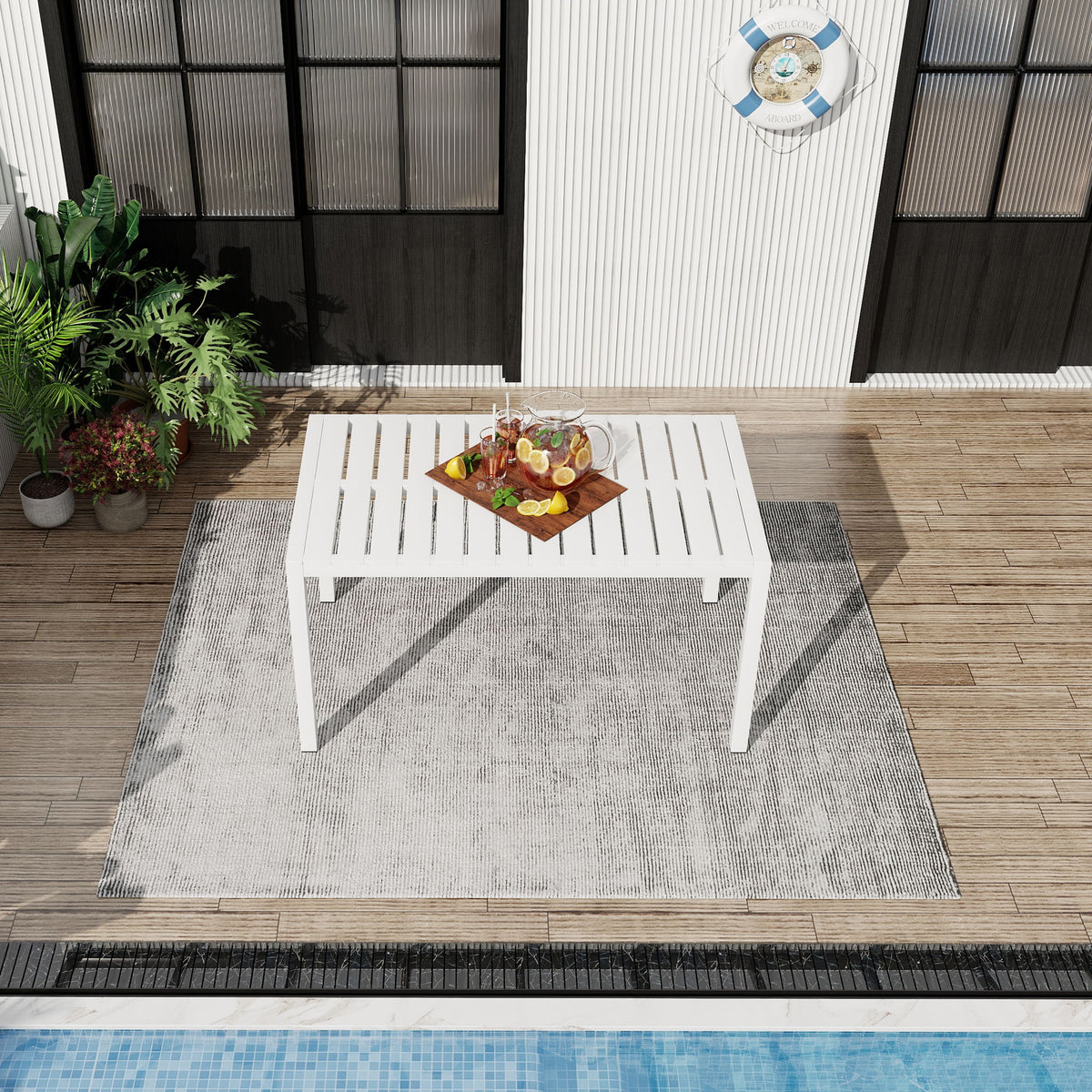 Modern Long Table, UV Resistant And Rust Proof, Pp Tabletop, UV Resistant Powder Coated Metal Legs - Snow White