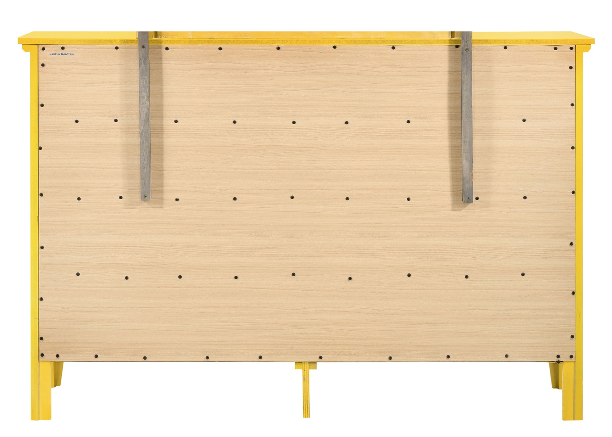 The Elegant Casual Dresser For Any Room features a light wood panel with evenly spaced black dots, supported by a yellow metal frame with two vertical metal strips at the back and four yellow legs.