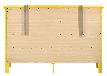 The Elegant Casual Dresser For Any Room features a light wood panel with evenly spaced black dots, supported by a yellow metal frame with two vertical metal strips at the back and four yellow legs.