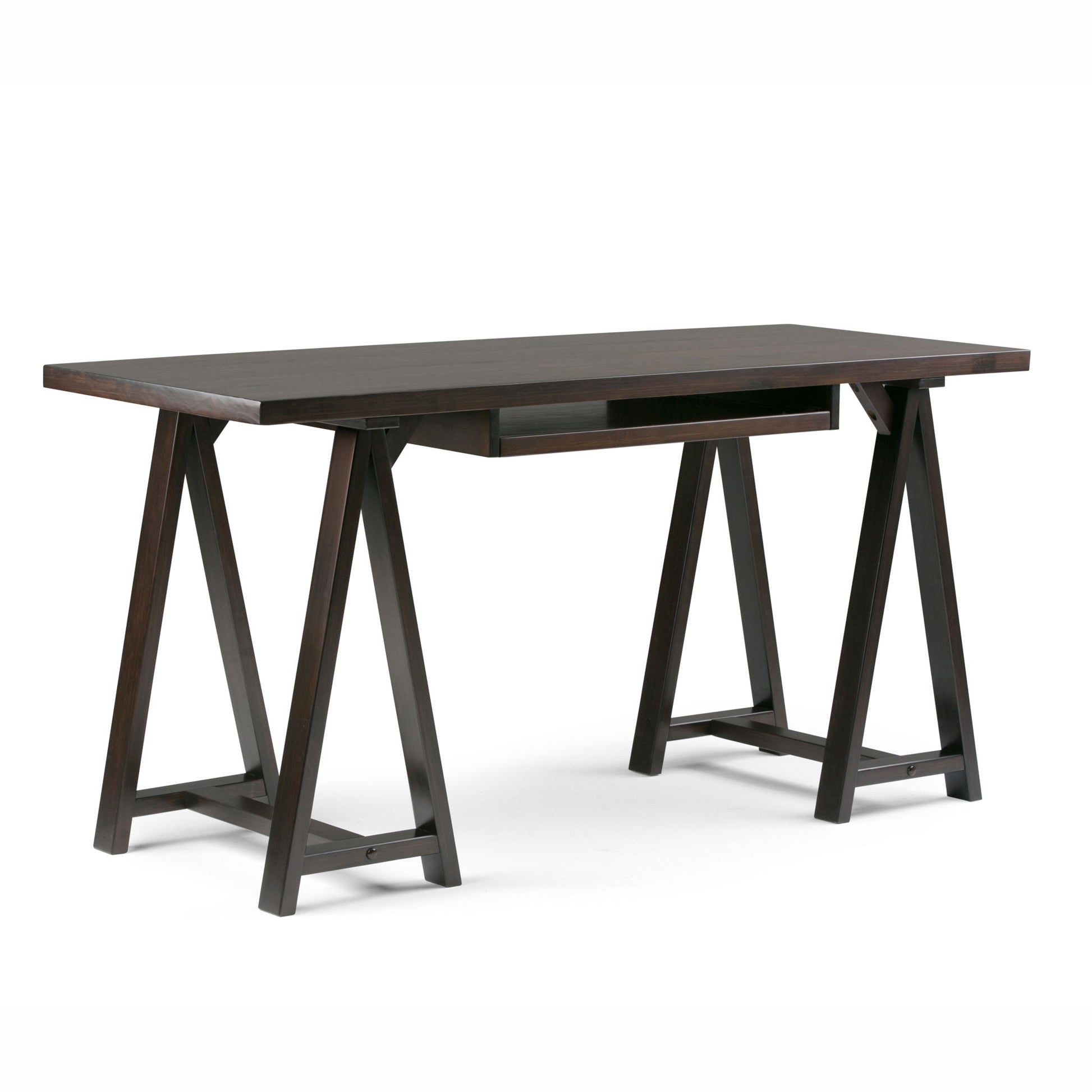The Sawhorse - Handcrafted Desk features a dark-finished wooden rectangular top, two trestle-style legs per side with horizontal supports, and a centered shallow drawer beneath the desktop.