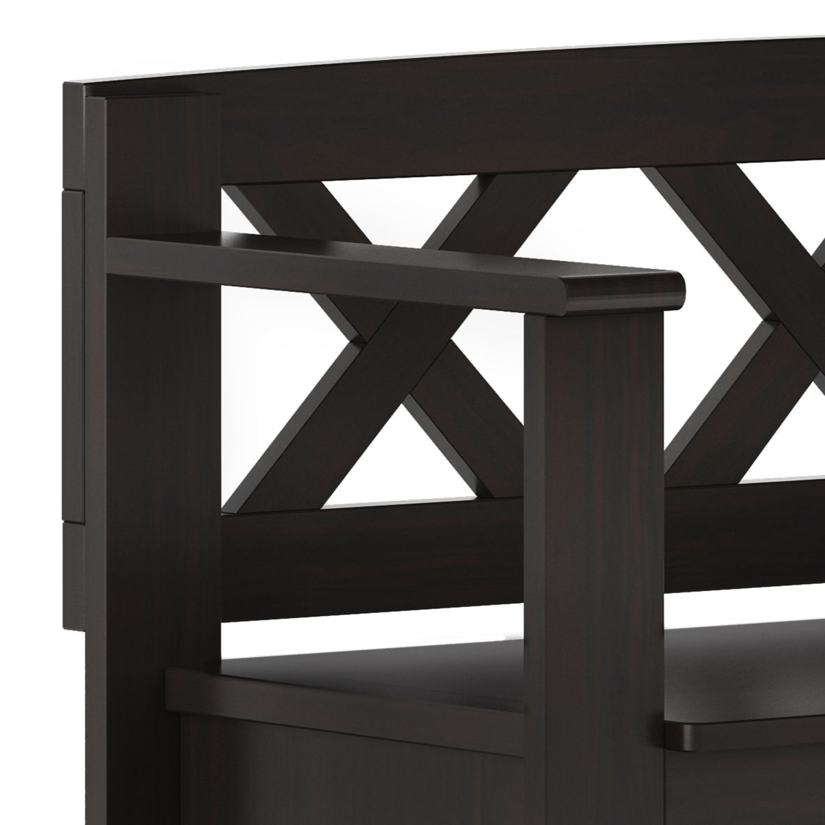 Close-up of the Amherst - Small Transitional Entryway Storage Bench with a dark wood finish, crisscross X-pattern backrest, and armrests on both sides.