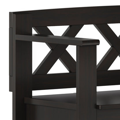 Close-up of the Amherst - Small Transitional Entryway Storage Bench with a dark wood finish, crisscross X-pattern backrest, and armrests on both sides.