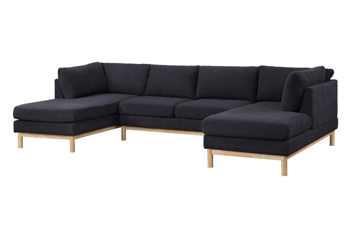 The Hallie Wide Sherpa Double Chaise U-Shape Sectional Sofa features black cushions, a light wooden base and legs, a left chaise lounge, and a right corner seat in a modern L-shaped design.