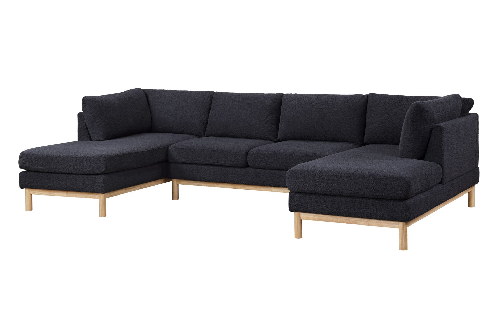 The Hallie Wide Sherpa Double Chaise U-Shape Sectional Sofa features black cushions, a light wooden base and legs, a left chaise lounge, and a right corner seat in a modern L-shaped design.
