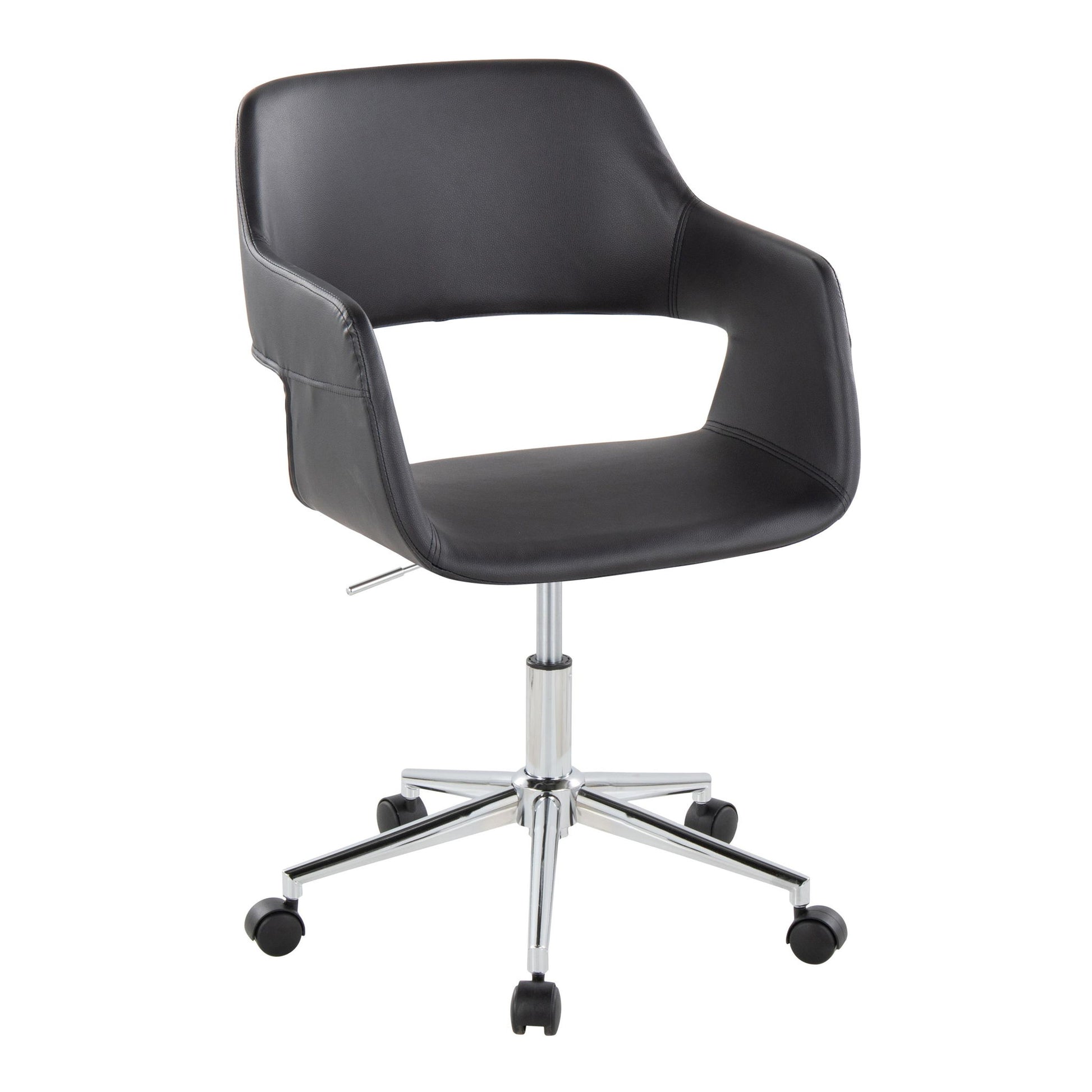 The Margarite Contemporary Office Task Chair features armrests, an open lower back, a cushioned seat, and a chrome swivel base with five wheels.