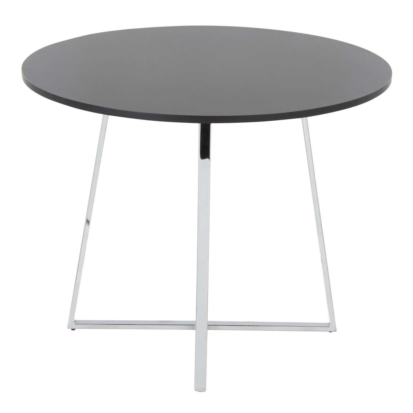 The Cosmo - Canary Contemporary Dining Table is round and dark gray, featuring a smooth top with metal legs in a minimalist, modern X-shaped base.
