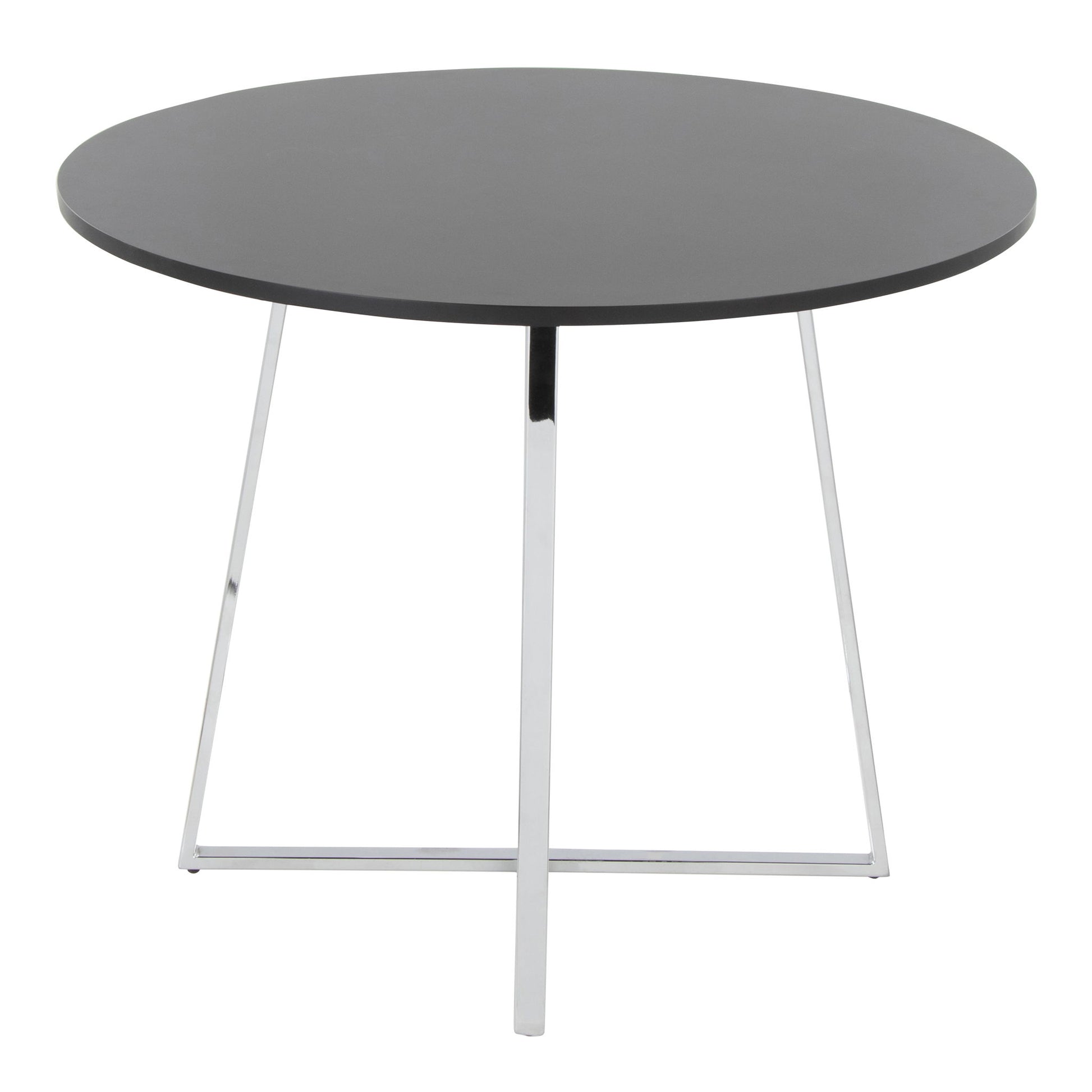 The Cosmo - Canary Contemporary Dining Table is round and dark gray, featuring a smooth top with metal legs in a minimalist, modern X-shaped base.