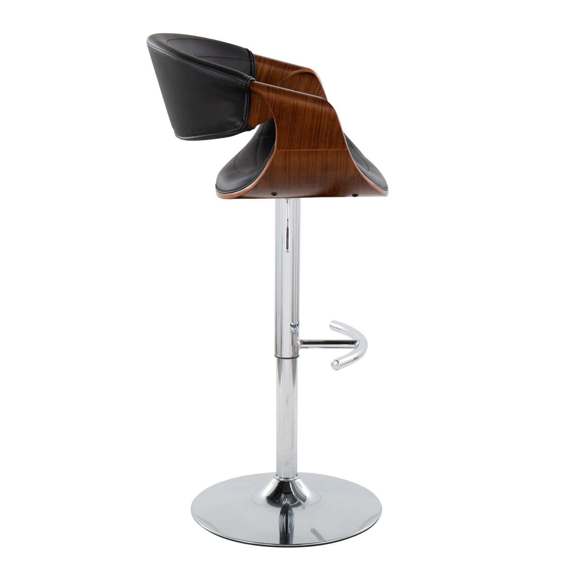 The Symphony Mid Century Modern Adjustable Barstool (set of 2) features a chrome base, rounded T footrest, and a curved wooden seat back with black leather padding on the seat and backrest, shown in side view.