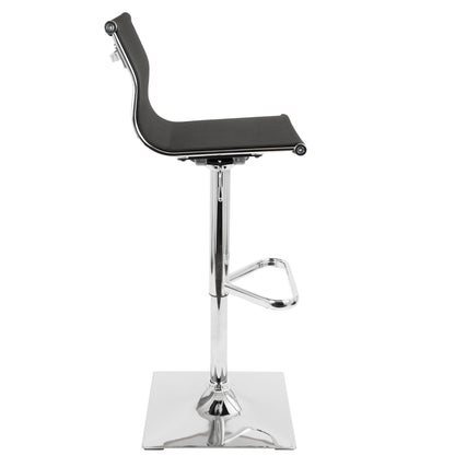 The Mirage - Contemporary Adjustable Barstool With Swivel features a modern black curved seat and backrest, profile-mounted on a shiny chrome pedestal with square footrest and flat square base.