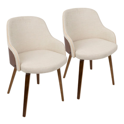 Two Bacci Mid Century Modern Dining Chairs with beige upholstered seats and backs, curved armrests, and wooden legs sit side by side on a white background.