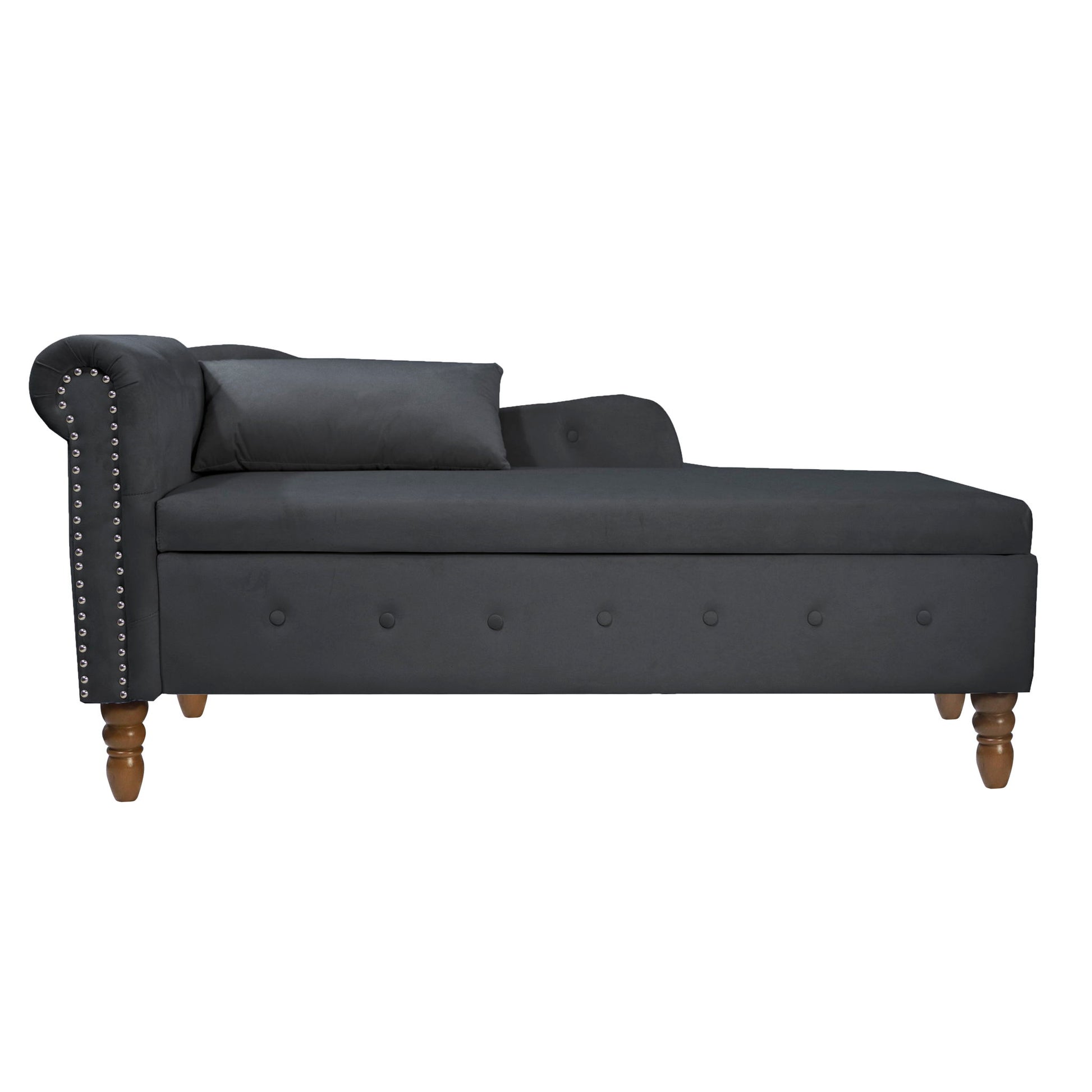 The Chaise Lounge Indoor is a modern velvet lounge chair with storage, tufted seat, rolled armrest, silver nailhead trim, wooden legs, and comes with an accent pillow—perfect for bedroom, living room, or office.