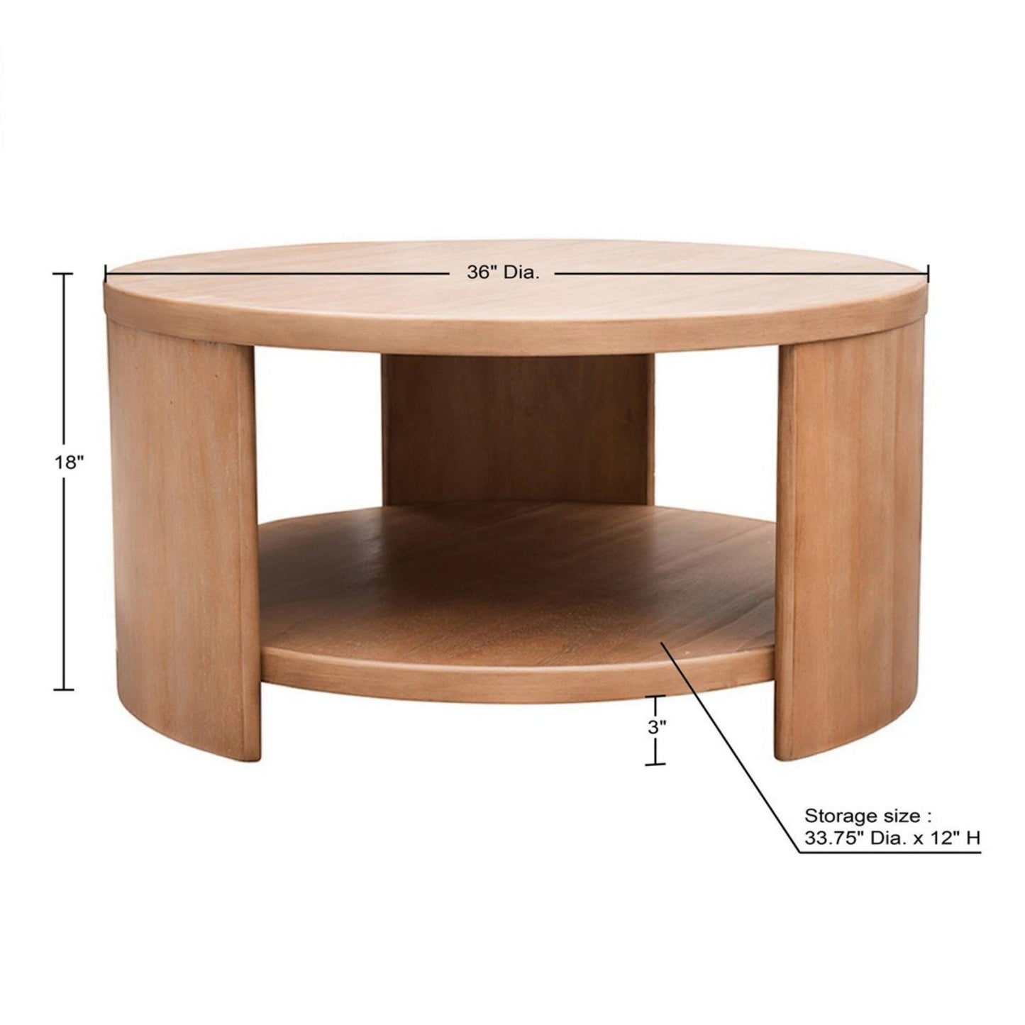 The Modern Minimalist Round Coffee Table With Shelf Storage - Natural features a 36" diameter, stands 18" tall, and includes a lower shelf 3" above the ground with a storage space of 33.75" diameter by 12" height.
