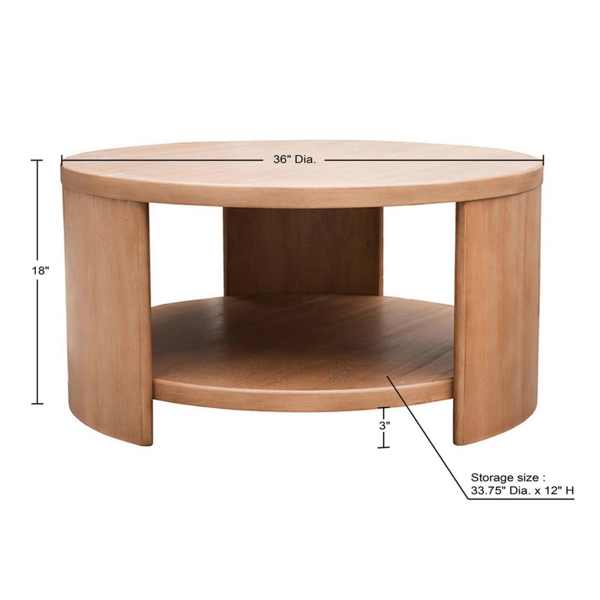 The Modern Minimalist Round Coffee Table With Shelf Storage - Natural features a 36" diameter, stands 18" tall, and includes a lower shelf 3" above the ground with a storage space of 33.75" diameter by 12" height.