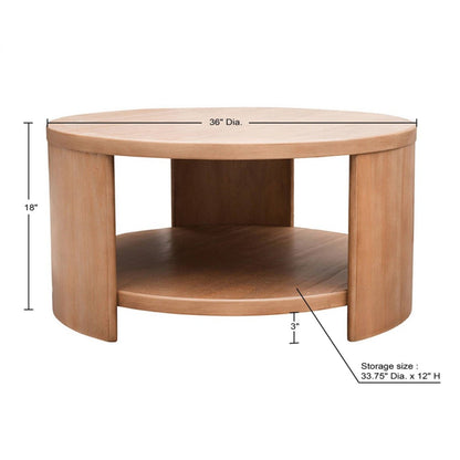 The Modern Minimalist Round Coffee Table With Shelf Storage - Natural features a 36" diameter, stands 18" tall, and includes a lower shelf 3" above the ground with a storage space of 33.75" diameter by 12" height.