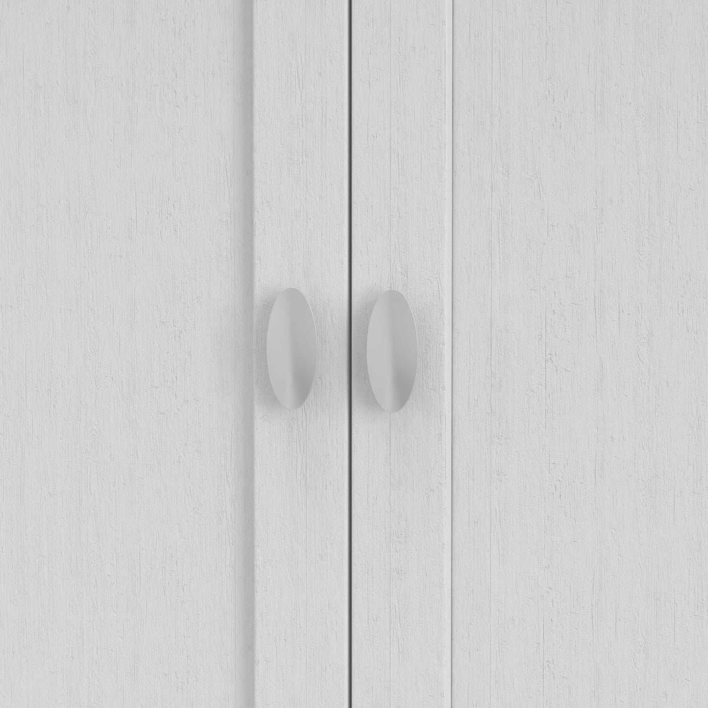 Close-up of two round white handles on the Redmond - Handcrafted Low Storage Cabinet's textured white doors, shown closed and meeting at the center.