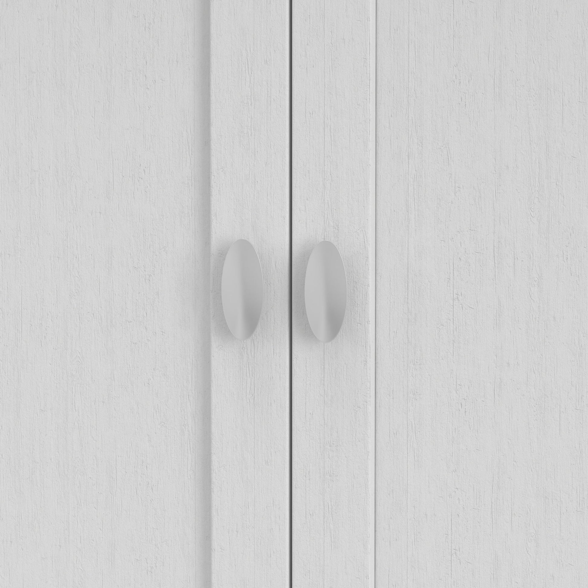 Close-up of two round white handles on the Redmond - Handcrafted Low Storage Cabinet's textured white doors, shown closed and meeting at the center.
