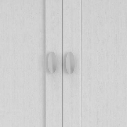 Close-up of two round white handles on the Redmond - Handcrafted Low Storage Cabinet's textured white doors, shown closed and meeting at the center.