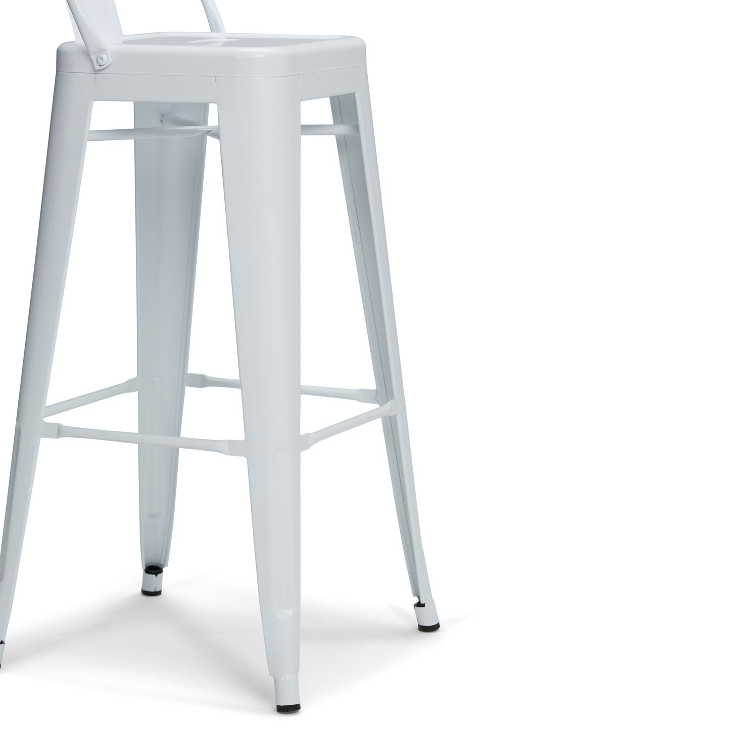 The Rayne Curved Back Metal Stool (Set of 2) features tall white metal frames, square seats, low curved backrests, four straight legs with footrests, and black rubber tips on the feet.