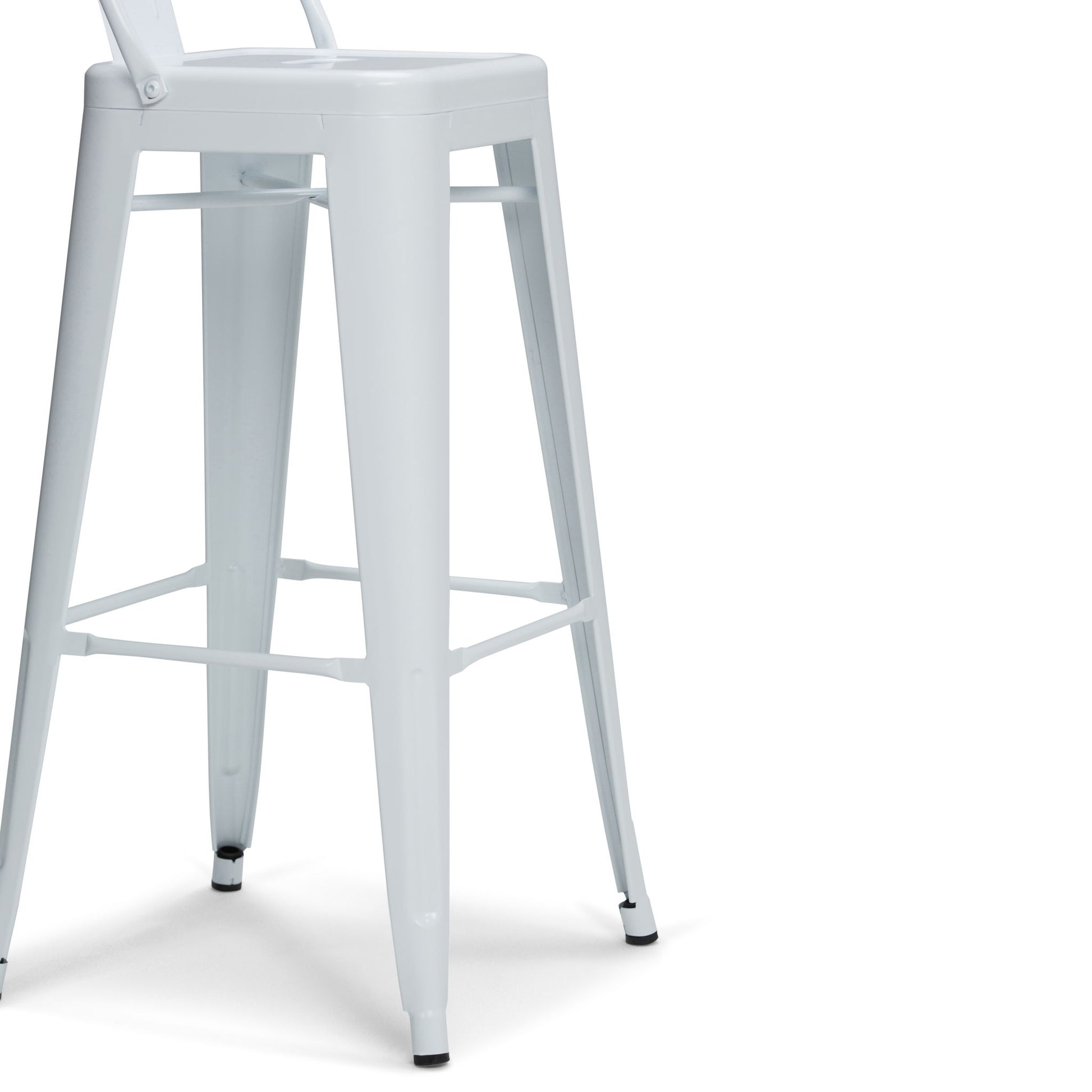 The Rayne Curved Back Metal Stool (Set of 2) features tall white metal frames, square seats, low curved backrests, four straight legs with footrests, and black rubber tips on the feet.