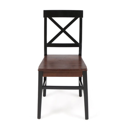 The Plethora Dining Chair With X Shaped Back (Set of 2) features a dark brown wooden seat, black legs, and an X-shaped backrest, displayed facing forward against a white background.