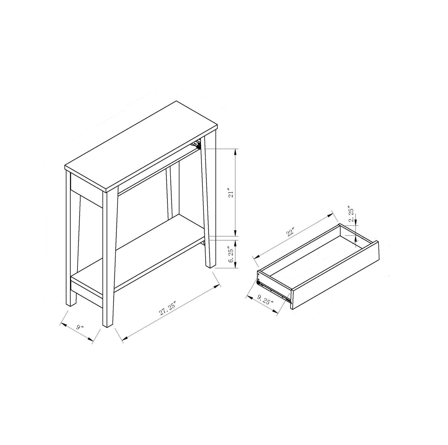Line drawing of the Modern Two Toned Console With Two Shelves, featuring labeled measurements in inches for width, height, and depth on each part.