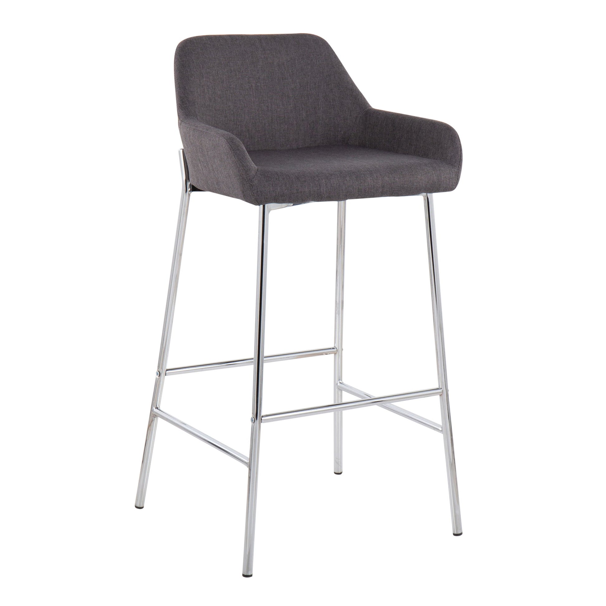 The Daniella Contemporary Fixed Height Bar Stool (Set of 2) features a gray upholstered seat, low backrest, angled armrests, and four slim chrome-finished metal legs with footrests for modern style and comfort.