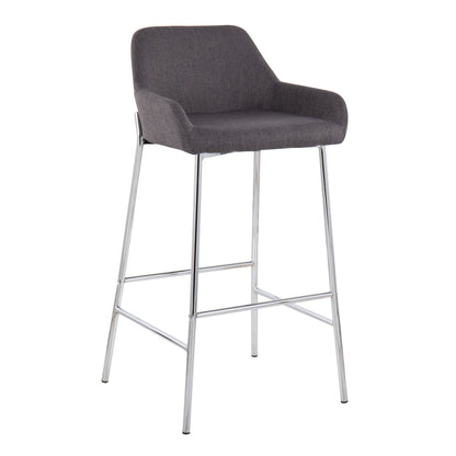 The Daniella Contemporary Fixed Height Bar Stool (Set of 2) features a gray upholstered seat, low backrest, angled armrests, and four slim chrome-finished metal legs with footrests for modern style and comfort.