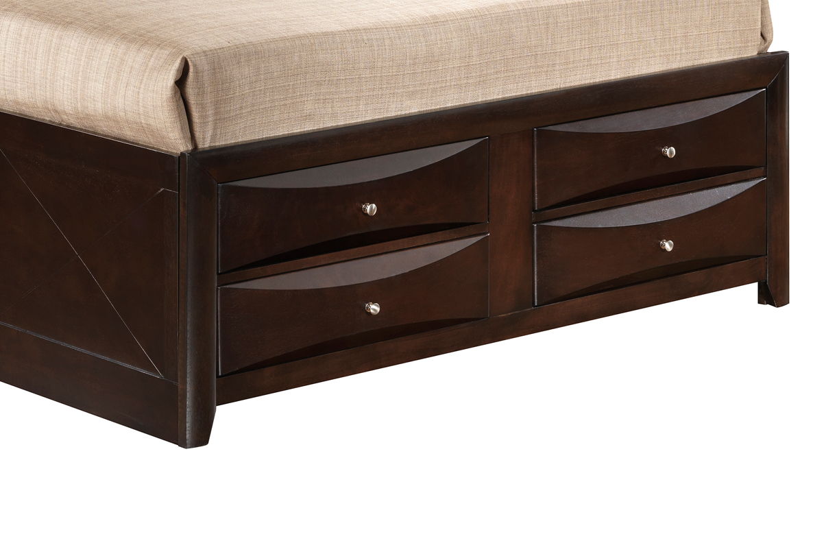 The Marilla Storage Bed with Bookcase Headboard features a dark wood frame, four side drawers with curved fronts and round silver knobs, and is shown beneath a beige mattress.