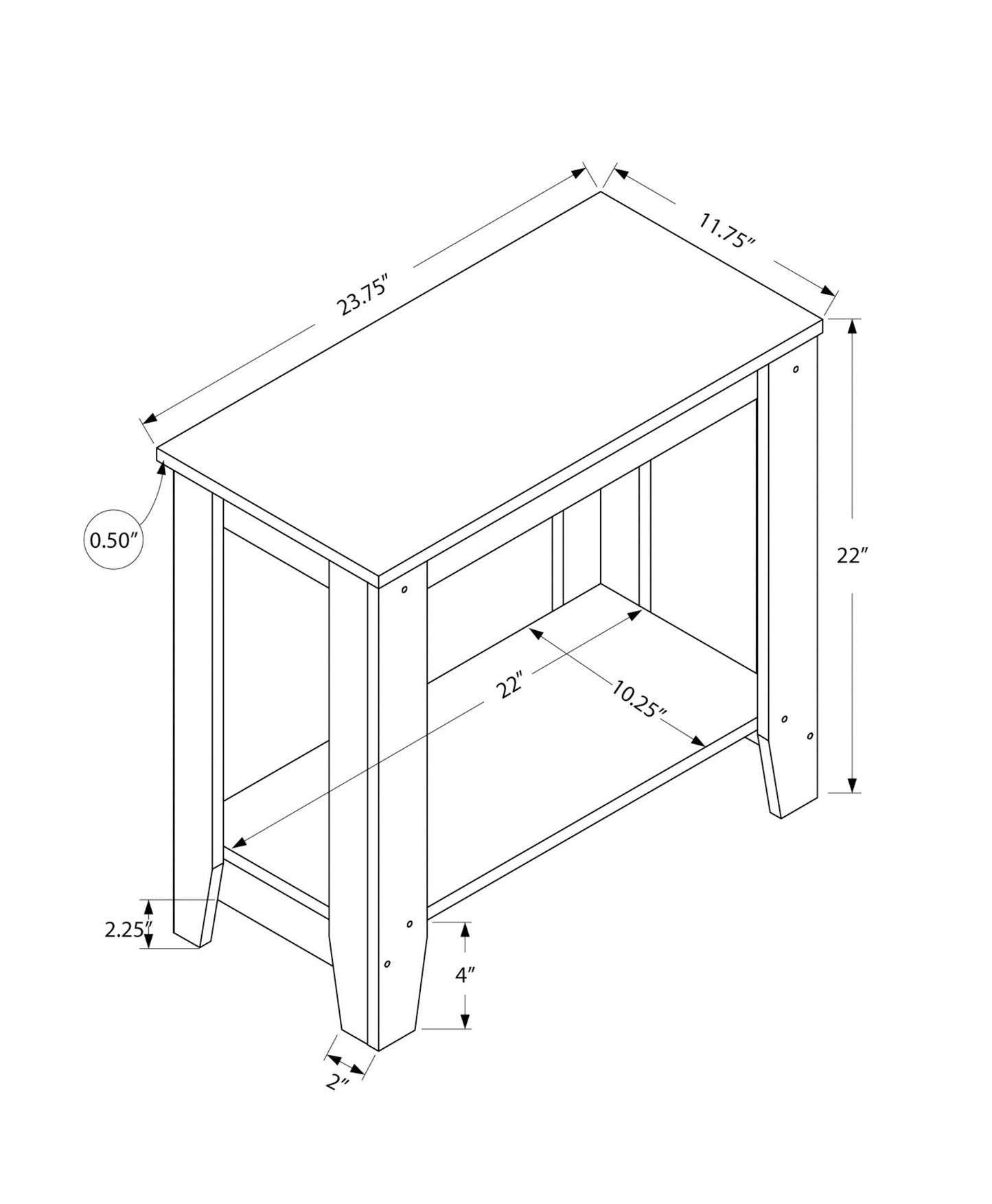 Line drawing of Accent Table, Side Transitional, Elegant Design with measurements: 23.75" wide, 11.75" deep, 22" high, 4" leg width, 2.25" shelf height, plus detailed dimensions for easy assembly.