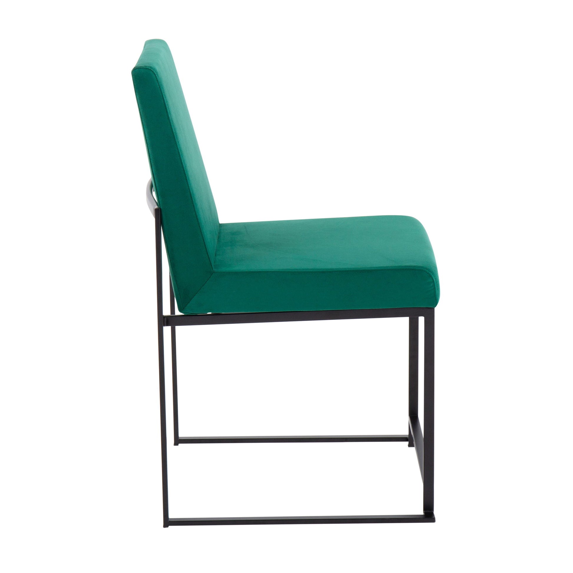 The Fuji dining chair set features a contemporary design with green cushioned seat and high backrest, supported by a sleek black metal frame, shown in side view.