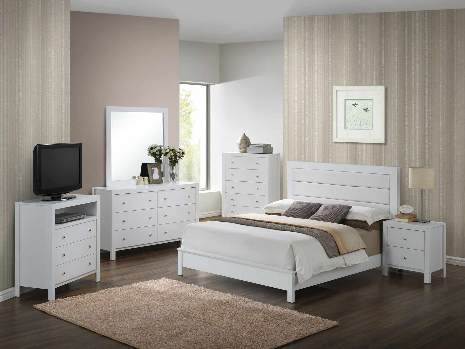 A modern bedroom features the Transitional Modern Design Bed with white furniture, neutral walls, a light area rug, and simple decor for a cozy vibe. Natural light enters through the window to complete the clean look.