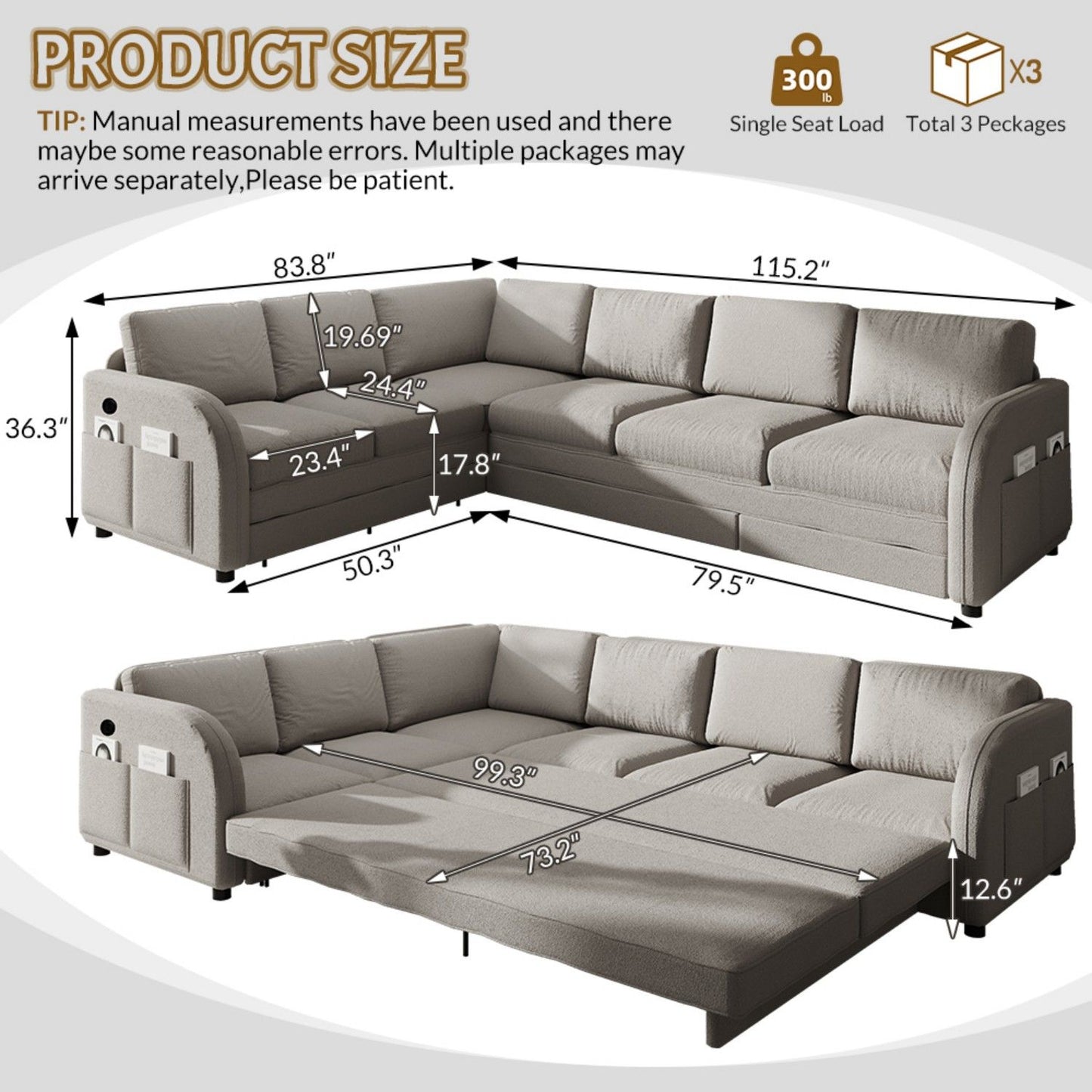 L-Shaped Couch With Pull-Out Bed, Convertible Sleeper Sofa With Side Pocket & USB Port