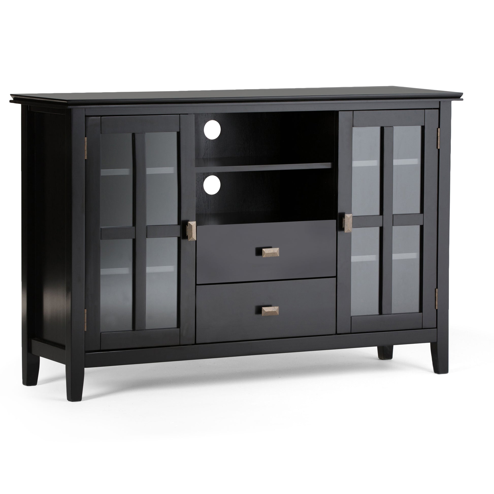 The Artisan - Handcrafted, Tall TV Media Stand features a black wooden build with two glass-paneled doors, an open shelf with cable holes, two central drawers, metal handles, and a modern design with clean lines.